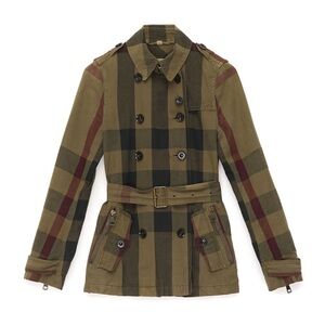 Burberry Brit Check Trench Coat Jacket double breasted Short Linen green belted